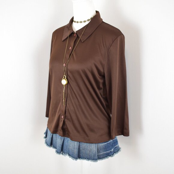VTG 00s Y2K LA Movers Brown Satin Pointed Collar 3/4 Sleeve Button Up Blouse - Picture 2 of 6